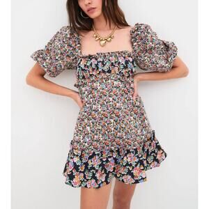 For Love & Lemons Hudson Mini Dress Black Floral Size Medium NWT Stretchy Back